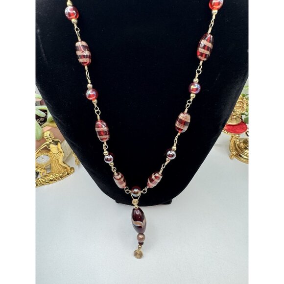 Murano Style Ruby Red Gold Foil Glass Beaded Necklace Venetian Lampwork Pretty - Picture 1 of 8